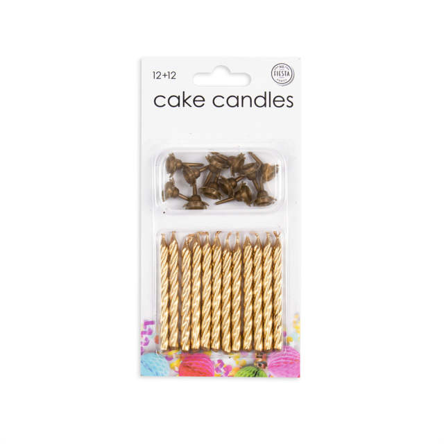 12 CAKE CANDLES + 12 HOLDERS GOLD