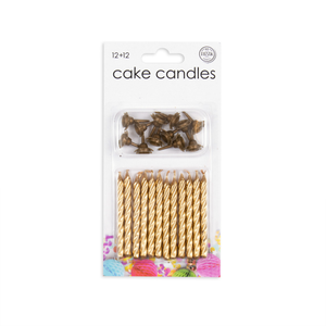 12 CAKE CANDLES + 12 HOLDERS GOLD