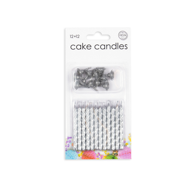 12 CAKE CANDLES + 12 HOLDERS SILVER