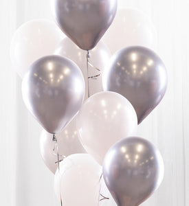 10st heliumfyllda ballonger i silver och vitt
