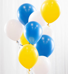 10st heliumfyllda ballonger i blått, gult och vitt