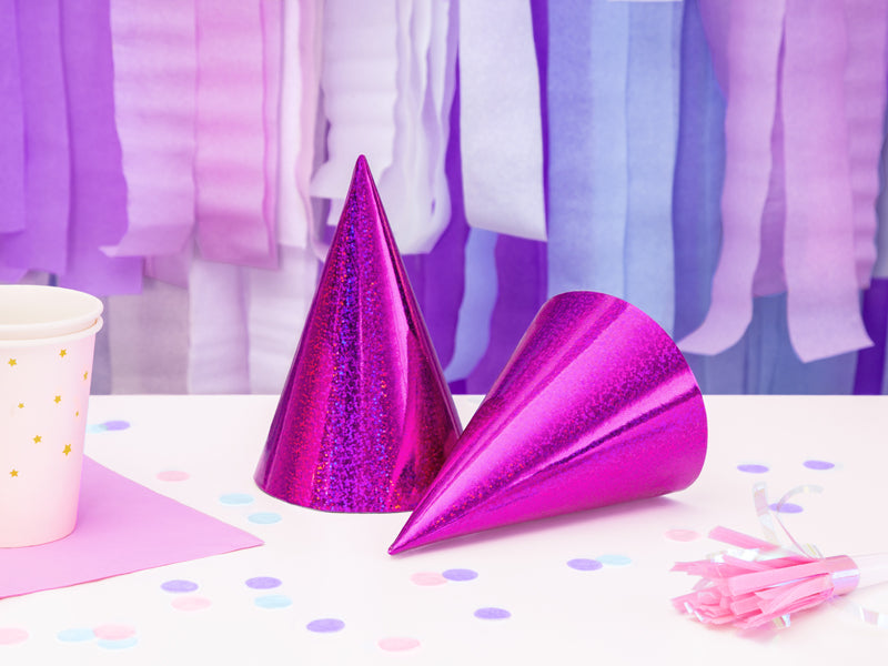 Holographic party hats, dark pink, 16cm (1 pkt / 6 pc.)