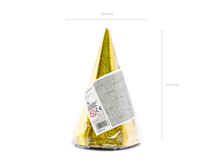 Holographic party hats, gold, 16cm (1 pkt / 6 pc.)