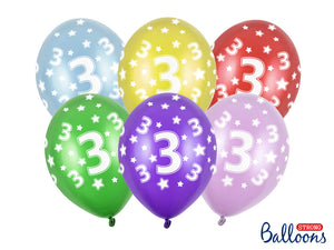 Balloons 30cm, 3rd Birthday, Metallic Mix (1 pkt / 6 pc.)