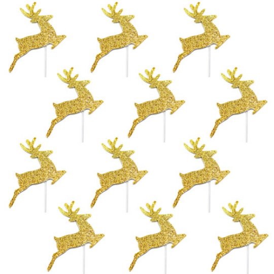 GOLD GLITTER REINDEER CAKE TOPPERS (12)