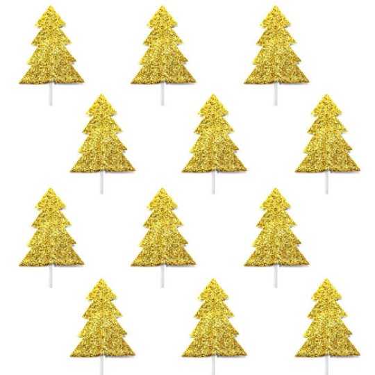 GOLD GLITTER CHRISTMAS TREE CAKE TOPPERS (12)